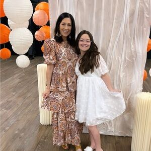 Brown and White Puff Sleeve Sundress for Wedding Guest